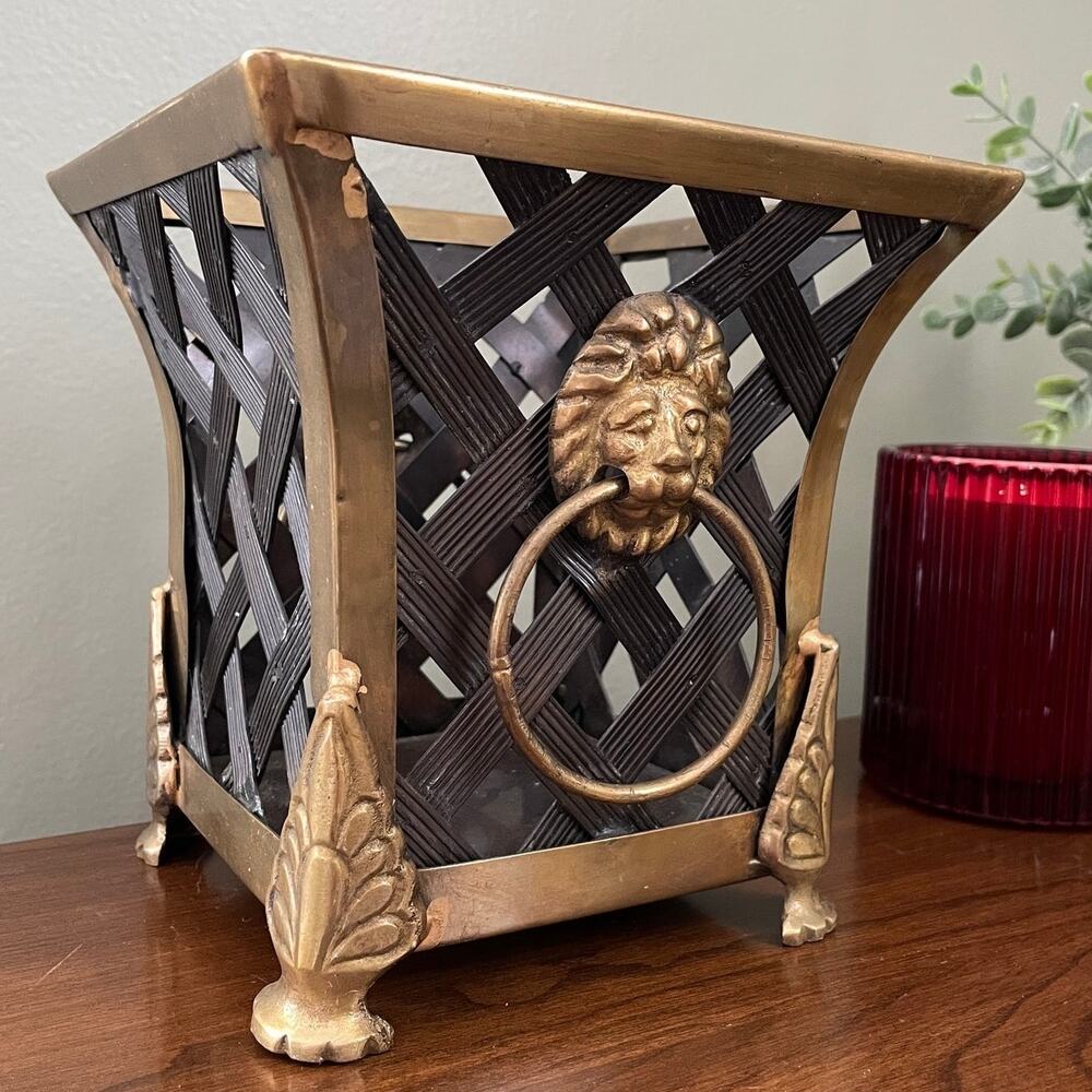 Vintage Gatco Solid Brass Lion Head Lattice Cachepot Planter - Neoclassical